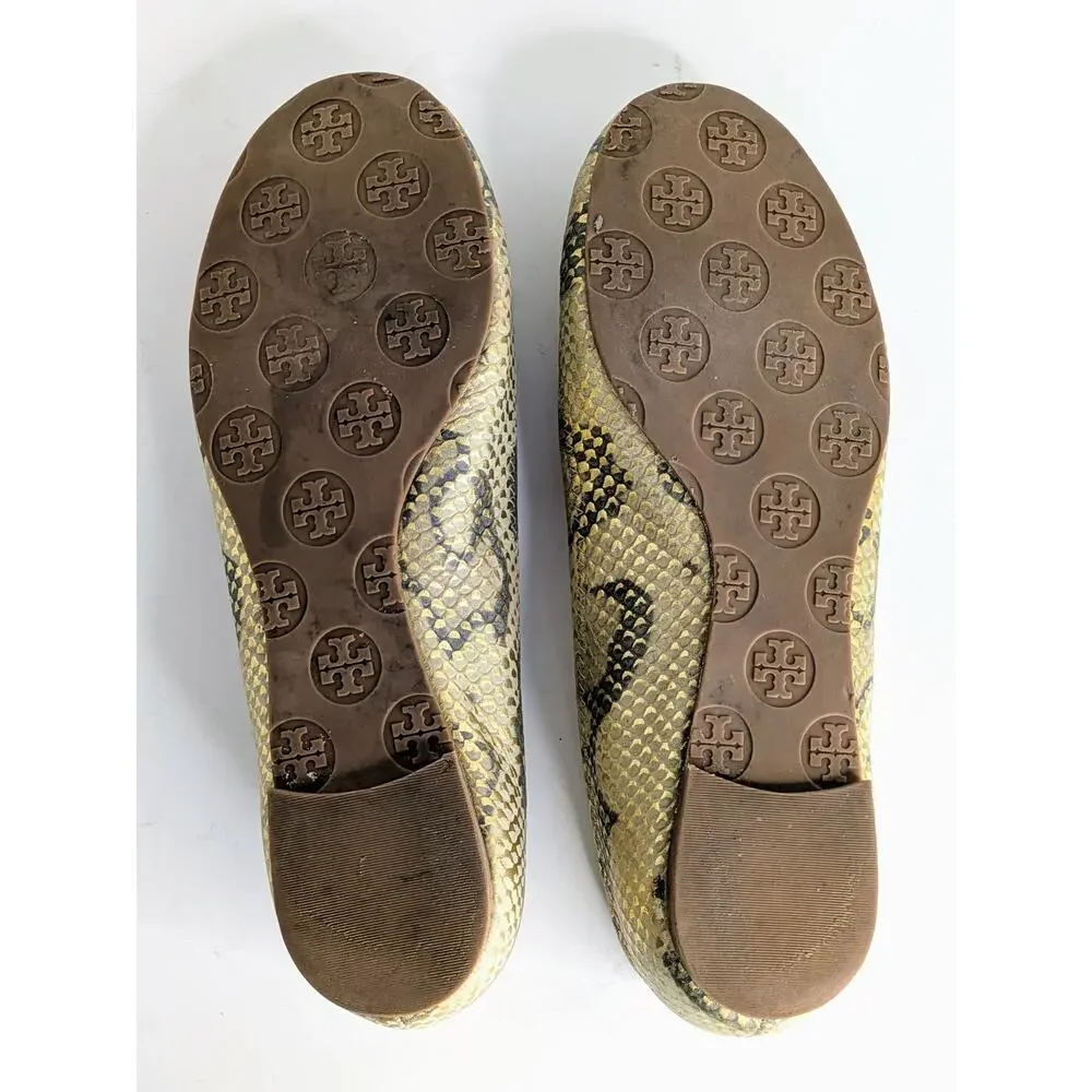 Tory Burch Reva Ballet Flats 7.5 Tan Gold Snakeskin Print Metallic Logo Round